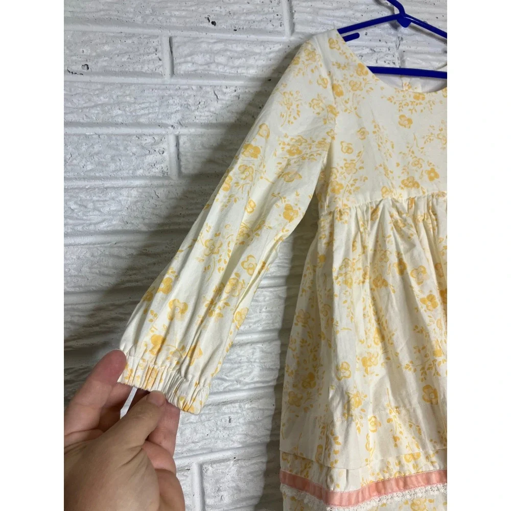 Sweet honey ivory & yellow floral dress long‎ sleeve girls size 6Y 100% cotton
